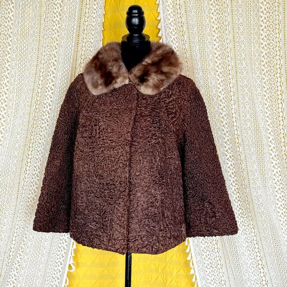 Vintage 60s Brown Persian Lamb Wool and Mink Fur Coat Size M-L - Picture 4 of 16
